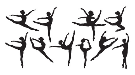 Graceful ballerina silhouettes set, elegant ballet dancer poses in black vector icons, 10 female performers in artistic dance movements © Shahzaib