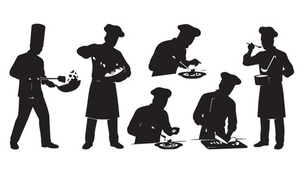Professional chef silhouette collection, restaurant kitchen staff cooking and plating food, culinary experts set of 6 vector icons © Shahzaib