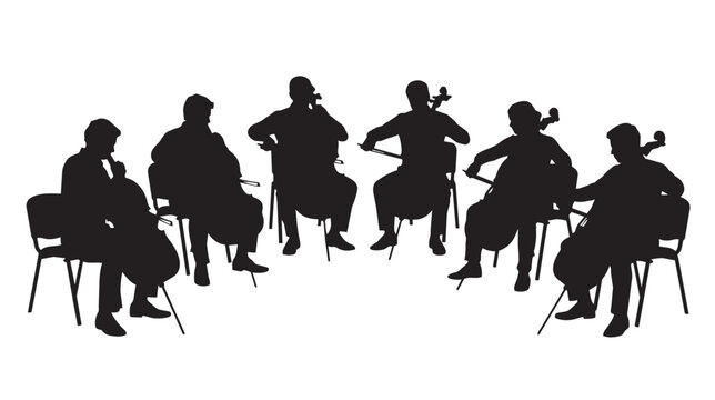 Cello ensemble silhouette vector, group of six cellists performing classical music, string orchestra musicians playing instruments on white background