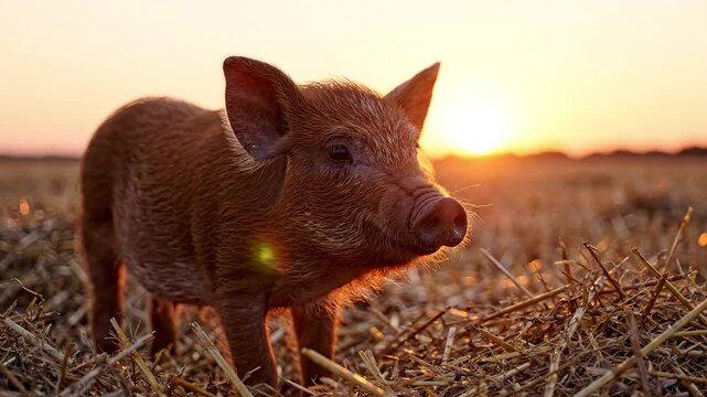A young pig stands in a straw field during a vibrant sunset.