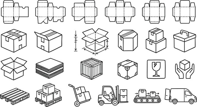 Cardboard box dieline template and logistics line icon set with forklift, pallet and warehouse symbols.
