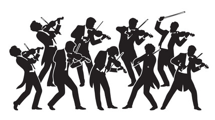 Symphony orchestra violinists silhouette, classical music performers in tuxedos, black and white string ensemble vector illustration © Shahzaib