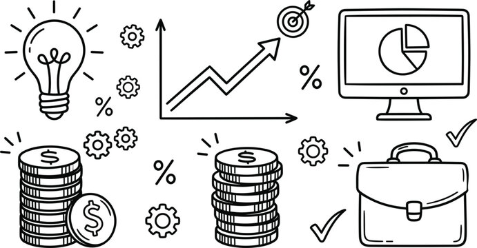Business finance money doodle icon set with light bulb growth graph target dollar coin stack briefcase monitor illustration