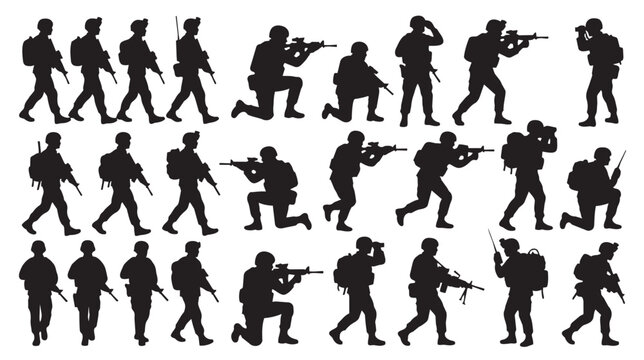 Military soldier silhouettes set, 24 tactical infantry vector elements, armed special forces personnel in combat poses, army troop icons for war games