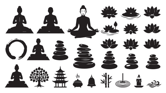 Zen meditation silhouette icons set, black yoga and wellness symbols, 25 spiritual spa elements for mindfulness and holistic health branding
