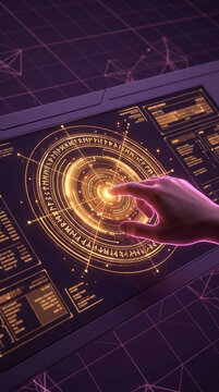 Futuristic interface with glowing runic symbols and data charts, a hand interacting with the screen, symbolizing digital interaction, innovation, and ancient wisdom.