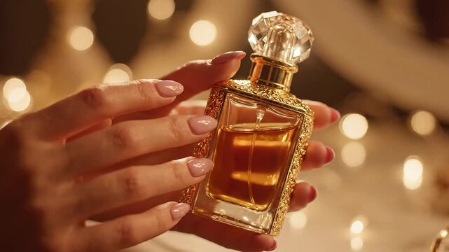 Elegant hand holding a luxurious perfume bottle in soft lighting.