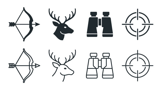 Minimalist hunting icons featuring bow, deer, binoculars, and target sight, in silhouette and outline styles, symbolizing wildlife and adventure.