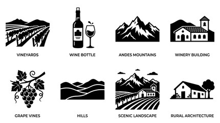 Fototapeta premium Vineyards and Winemaking Cultural Heritage Icon Set
