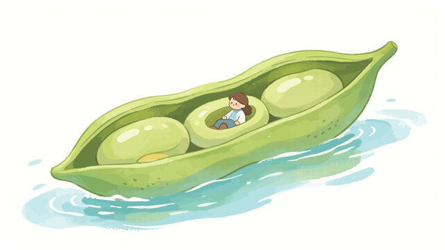 A whimsical digital painting of a small girl sitting inside a giant green pea pod that floats on light blue water like a miniature boat in a dreamy fantasy setting.
