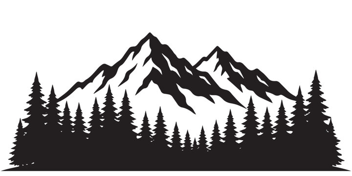 Mountain range silhouette with pine trees. A black silhouette of a mountain range with pine trees in the foreground