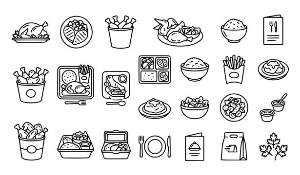 Fast Food and Restaurant Line Icons Collection Featuring Burgers Pizza Fries Noodles Coffee and Meals
