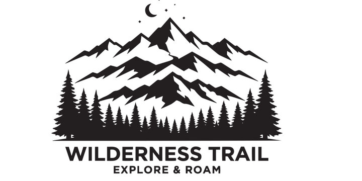 Black Wilderness Trail Icon with Mountains and Trees. A black vector icon featuring a mountain range with trees and a crescent moon