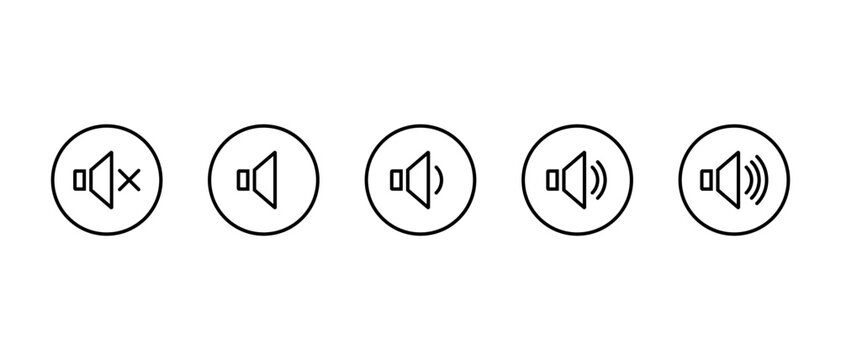 Speaker volume outline icon in circular line. Audio control symbol. Mute and loudness adjustment level sign