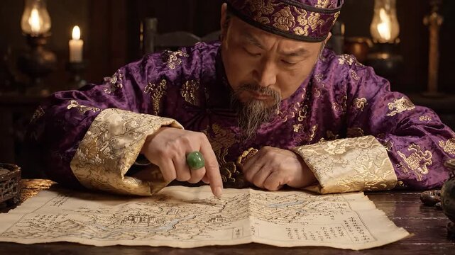 A focused man in purple attire examines an ancient map by candlelight.