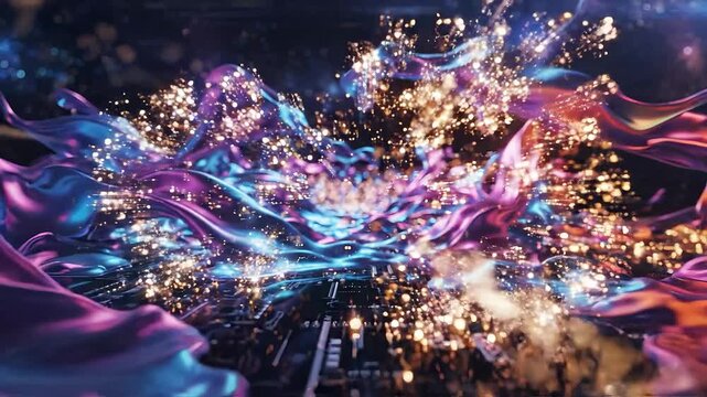 A vibrant abstract scene with flowing colors and sparkling particles.