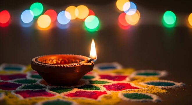 Diwali diya oil lamp lit on a colorful rangoli pattern with bokeh lights