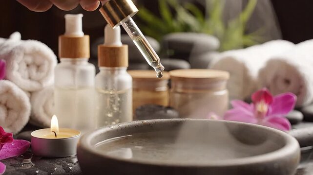 A serene spa setting with oils, candles, and soothing elements.