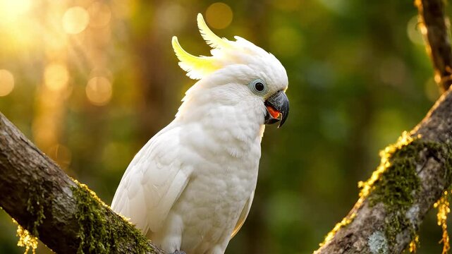 A vibrant white cockatoo perched in a sunlit forest setting.