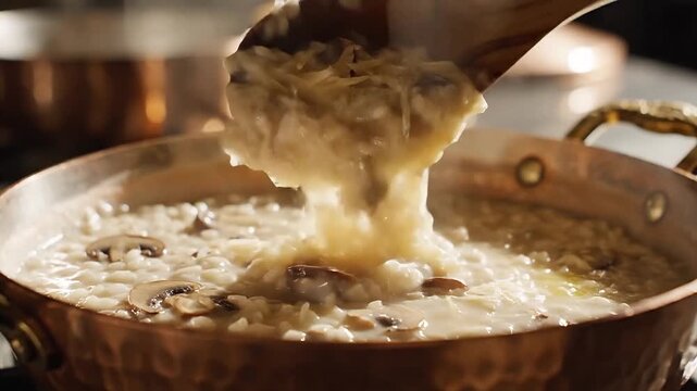 Macro cinematic shot of creamy Italian mushroom risotto slowly cooking with melted butter and parmesan in a premium kitchen environment.