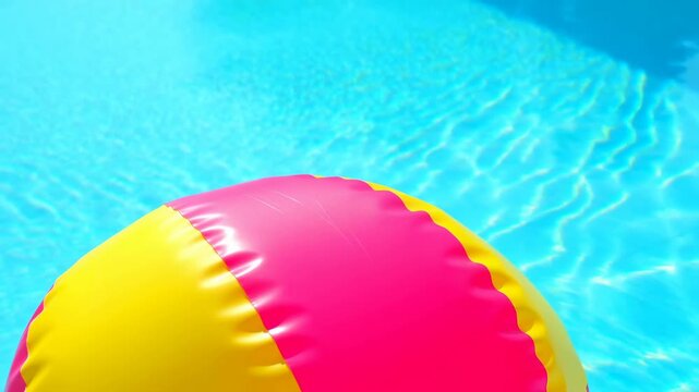 cheerful inflatable beach ball floating in swimming pool top-down view summer fun activities bright and cheerful yellow pink rubber-like material for the ball clear blue water.