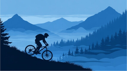 Fototapeta premium Cyclist riding mountain bike down hill with trees and mountains
