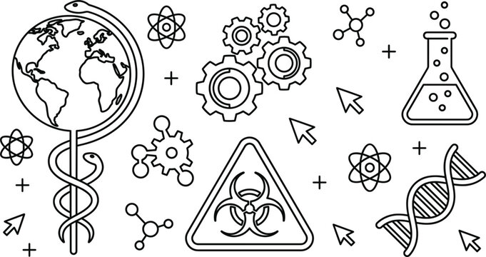Science biotechnology line icon set with dna helix biohazard flask gears atom and global medicine planet vector illustration