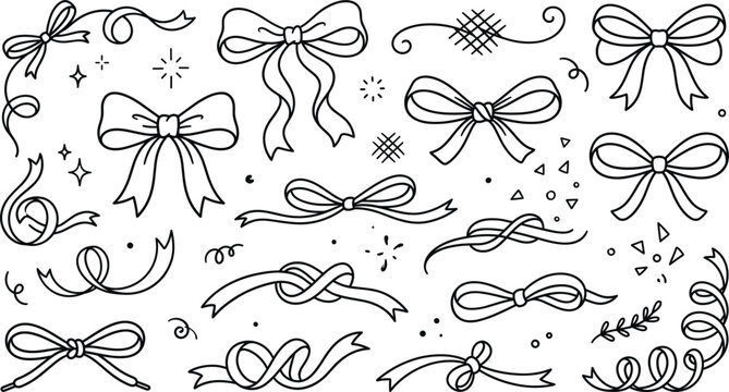 Ribbon bow knot and lace doodle set with decorative curled swirls borders dividers hand drawn vector line illustration