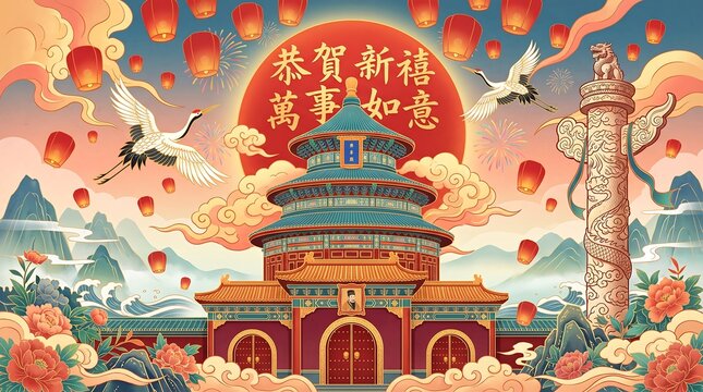 Celebrate Lunar New Year with this festive illustration featuring the Temple of Heaven, soaring cranes, vibrant floating lanterns, and traditional floral motifs set against a serene mountain backdrop.