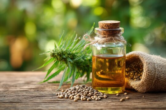 Hemp Seed Oil Bottle With Natural Hemp Seeds
