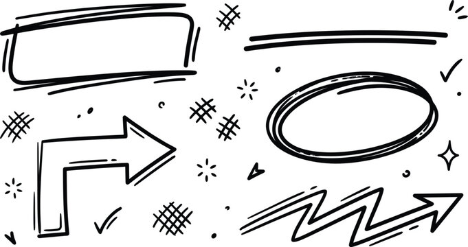 Hand drawn underline arrow doodle set with rectangle frame circle highlight zigzag pointer and abstract scribble vector illustration