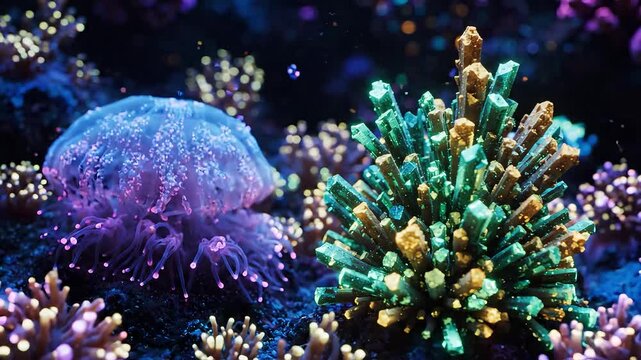 A vibrant underwater scene featuring a glowing jellyfish and crystals.