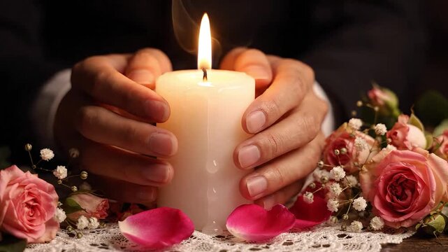 A serene scene featuring a lit candle surrounded by flowers.