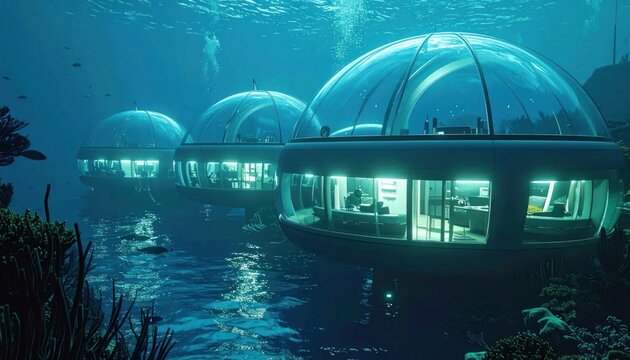 Underwater futuristic domed habitat colony ocean.