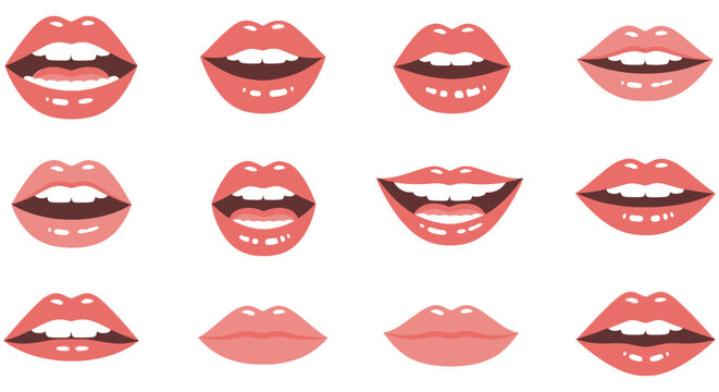 Collection Of Red Lips In Various Expressions Vector Illustration On White Background