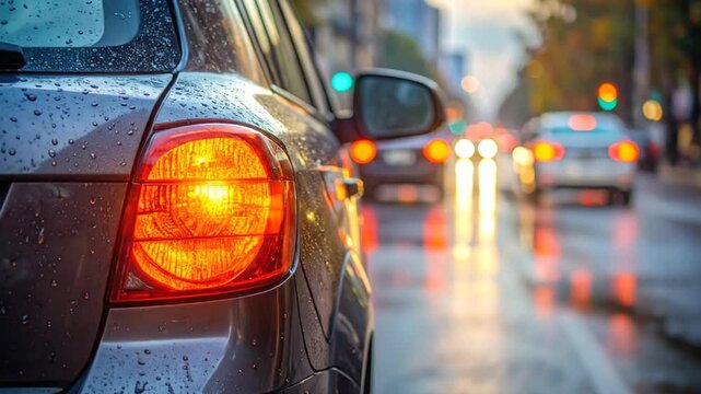 A wet car tail light glows during a rainy evening commute