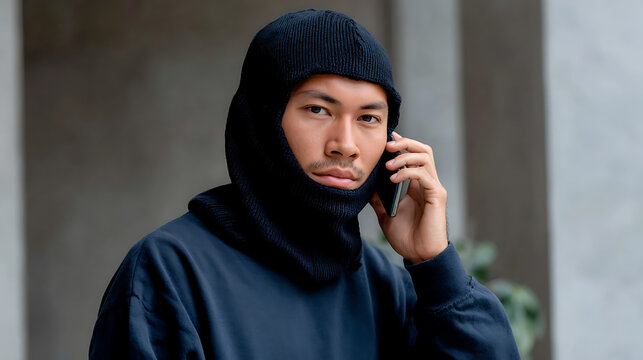young man wearing cap and hoodie talking on mobile phone outdoor portrait