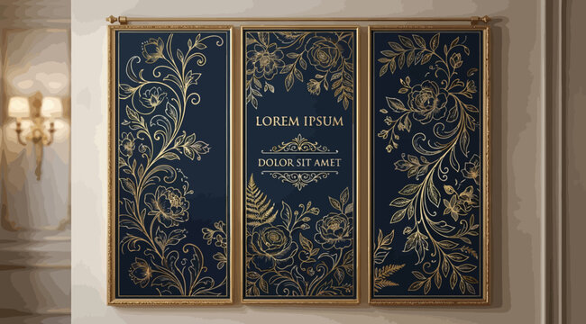 Luxury triptych wall art with gold floral patterns on dark blue panels in classic interior