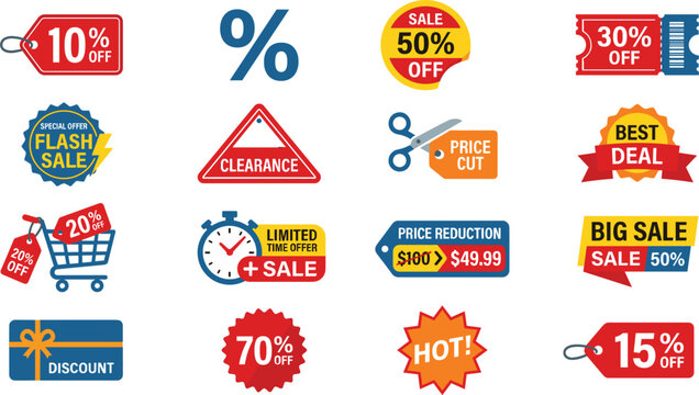 Sale discount tags and promotion badges vector illustration set, colorful shopping retail labels collection design