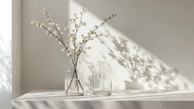 A minimalist arrangement of white flowers in clear vases casting soft shadows.