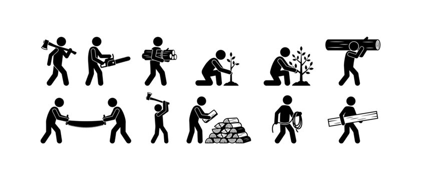 Lumberjack and woodcutter icon set, worker in forest cutting down trees and carrying logs, planting young saplings and harvesting firewood for winter season.