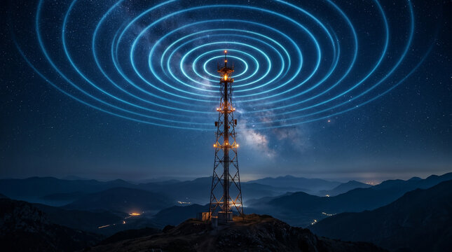 Telecommunications tower emitting glowing radio waves under a starry night sky