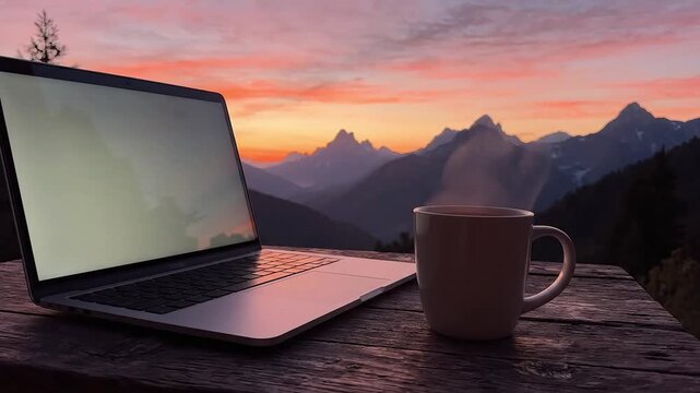 A serene sunset scene showcasing a laptop and coffee mug in nature.