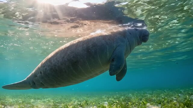 A serene manatee gliding through a sunlit underwater landscape.