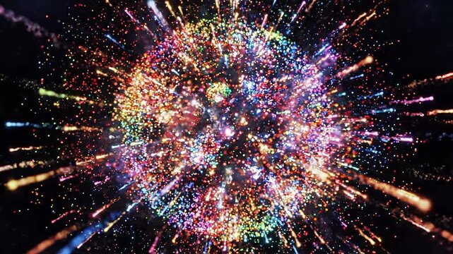 A vibrant explosion of colorful particles in an abstract space.