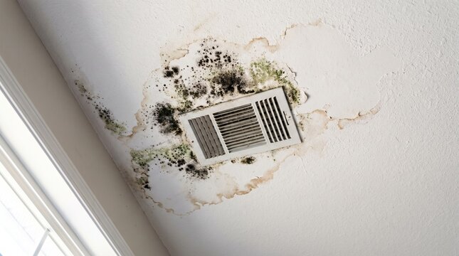 Dangerous black mold growth surrounding a white ceiling air vent caused by severe water damage leakage