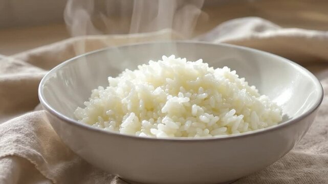 A steaming bowl of fluffy white rice on a soft cloth.