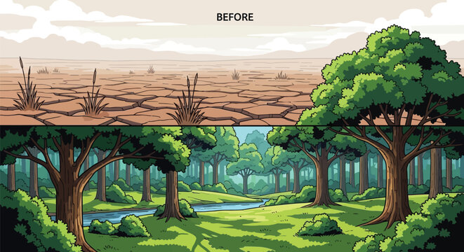 Environmental transformation illustration showing a barren desert landscape turning into a lush forest with trees and a stream
