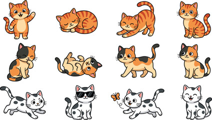 Fototapeta premium Cute cartoon cat collection featuring tabby calico and spotted kittens in playful sleeping stretching and happy poses vector illustration isolated on white background