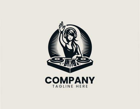 Female DJ performing with turntable black vector logo illustration style